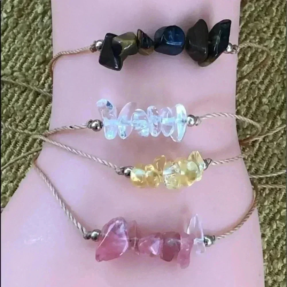 Set of 4 Adjustable Beaded Bracelets Quartz, Tiger Eye, Rose Quartz, Citrine